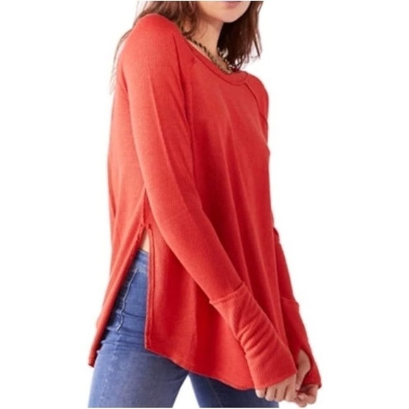 Free People Snowy Thermal in Heatwave Orange Oversized Lightweight Boho Top S - Picture 4 of 12